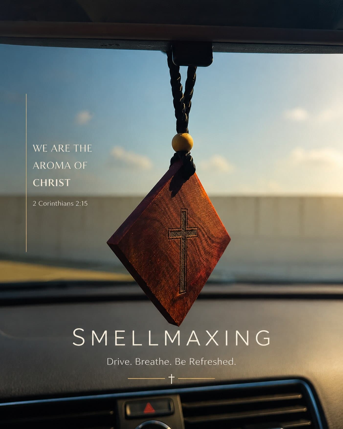 The Cedar Tag hanging from a rearview mirror